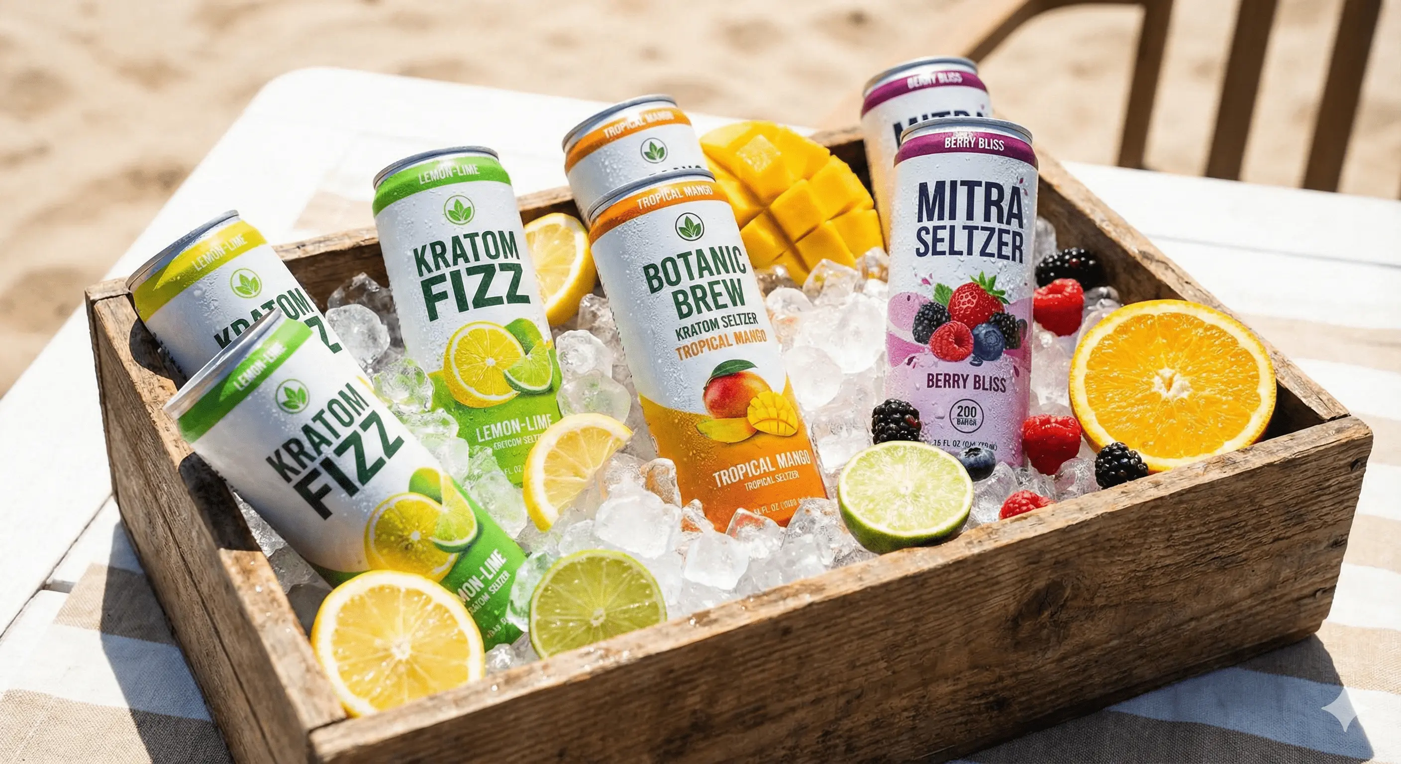 Best kratom seltzer brands including Mitra9 Club 13 and White Rabbit cans displayed on ice